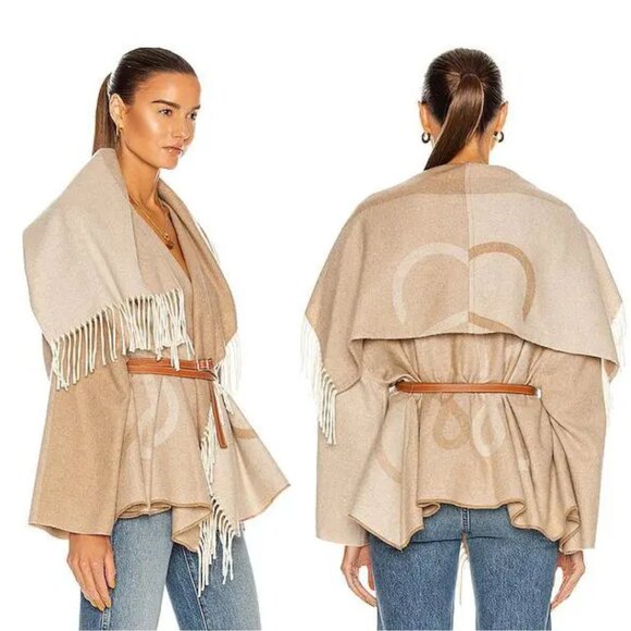 Loewe Cape Blanket Shawl Fringe In Neutral Cashmere Wool With Belt Sz 36 - Picture 2 of 12
